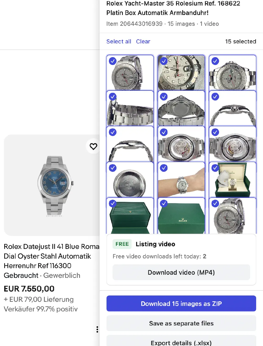 A German-language eBay item page for a Rolex Yacht-Master with the panel open, showing fifteen photos all selected and a Download 15 images as ZIP button.