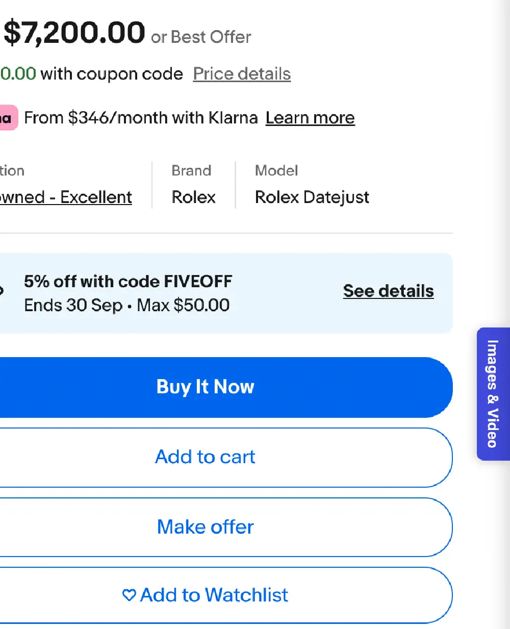 An eBay item page with a narrow vertical tab reading Images & Video attached to the right edge of the browser window.