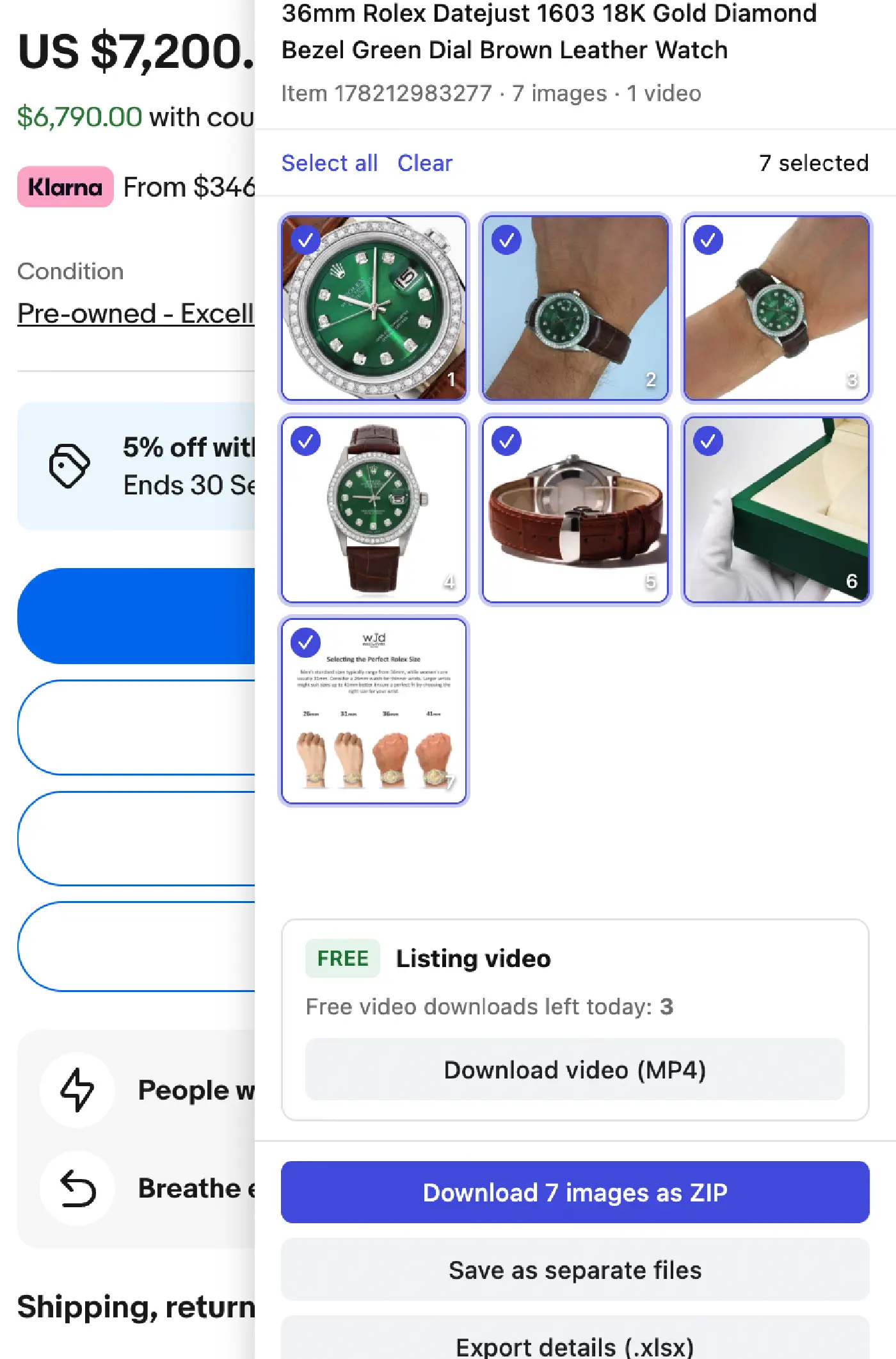 A live eBay item page for a Rolex Datejust with the SellerGrab panel open on the right: all seven listing photos are ticked, a green FREE badge sits next to Listing video, and a Download 7 images as ZIP button is at the bottom.