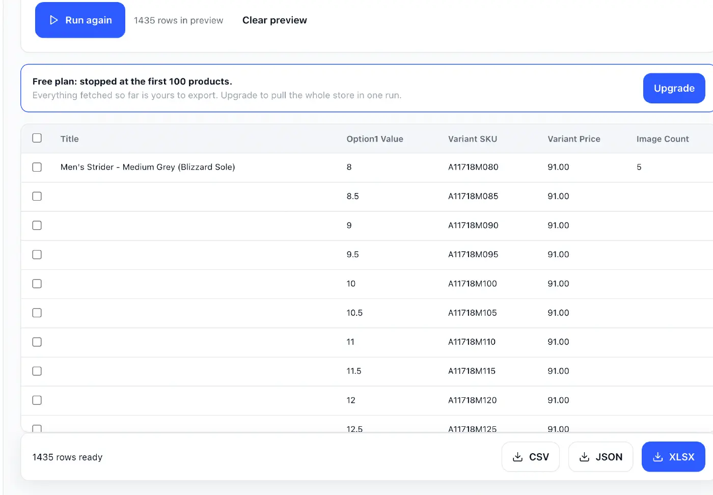 The StoreSpy export preview for allbirds.com: a table of variant rows with title, option value, variant SKU, price and image count, a banner saying the free plan stopped at the first 100 products, and CSV, JSON and XLSX download buttons showing 1,435 rows ready.