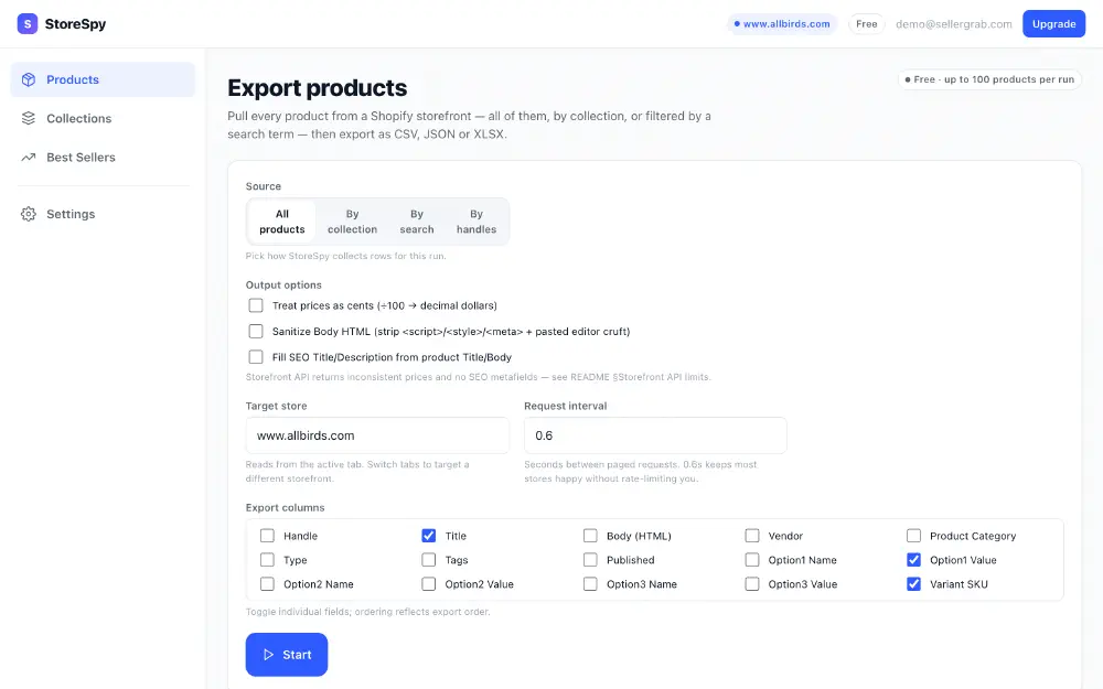 The StoreSpy workbench: a sidebar with Products, Collections, Best Sellers and Settings; source tabs for all products, by collection, by search or by handles; a target store field reading www.allbirds.com; and a grid of export column checkboxes.